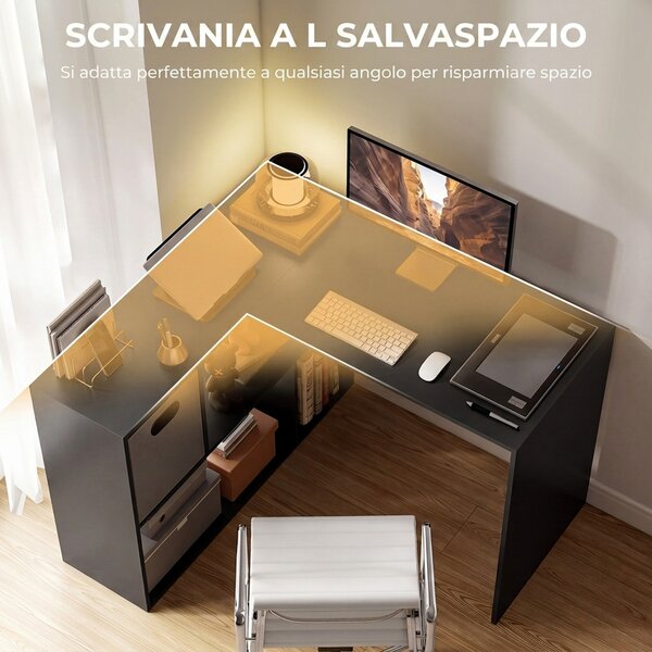 HOMCOM Scrivania Angolare Moderna con Scaffale e Cassetto in Tessuto, 110x100x75 cm, Nero | Aosom Italy