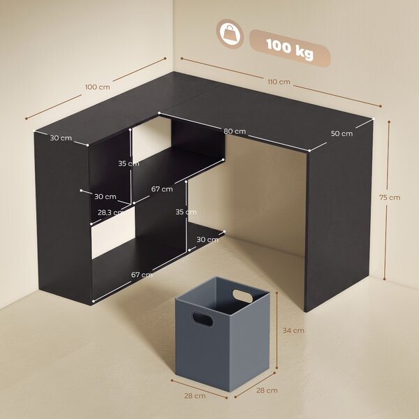 HOMCOM Scrivania Angolare Moderna con Scaffale e Cassetto in Tessuto, 110x100x75 cm, Nero | Aosom Italy