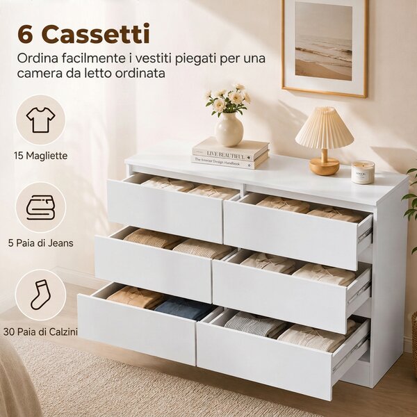 HOMCOM Cassettiera 6 Cassetti per Camera e Soggiorno, 100 x 35 x 69 cm | Aosom Italy
