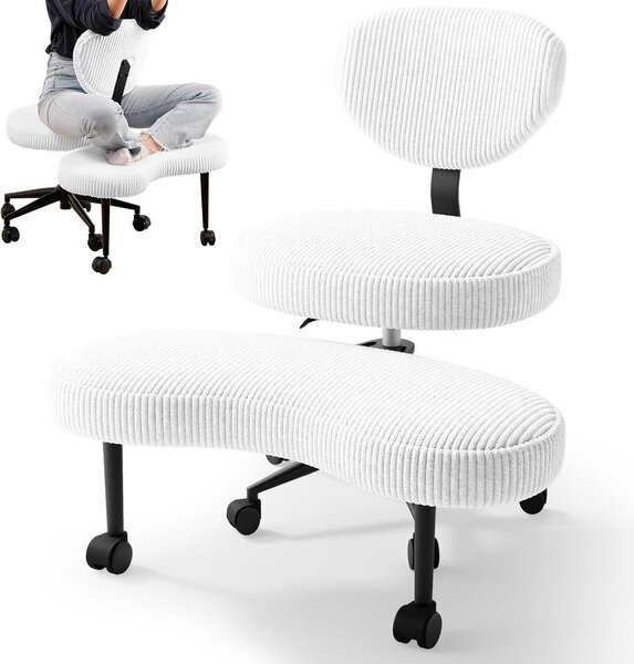 Sedia da ufficio per seduta a gambe incrociate, sedia ergonomica per seduta a gambe incrociate, girevole a 360°, regolabile in altezza, con schienale, colore bianco, rivestimento in tessuto bianco