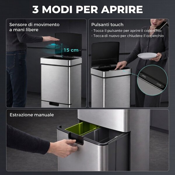 HOMCOM Pattumiera Automatica 72L con Sensore Infrarossi, 3 Scomparti e Coperchio Rimovibile, Acciaio e ABS, 42x30x81cm|Aosom