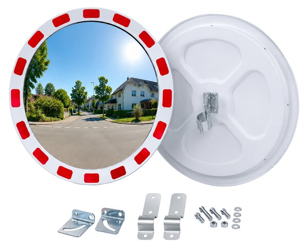 Specchio di sicurezza Relaxdays, 60 cm, con supporto a tubo, bordo riflettente, per uso esterno, specchio di sicurezza rotondo, bianco/rosso