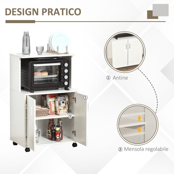 HOMCOM Mobile Microonde con Ruote, Armadietto e Ripiano per Microonde, Credenza Alta in Legno Truciolare, 60.4x40.3x97cm Bianco|Aosom