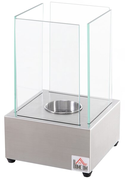 HOMCOM Camino a Bioetanolo da Tavolo con Bruciatore da 0.4L, Biocamino in Acciaio e Vetro per Interni ed Esterni, 20x20x33cm, Argento|Aosom