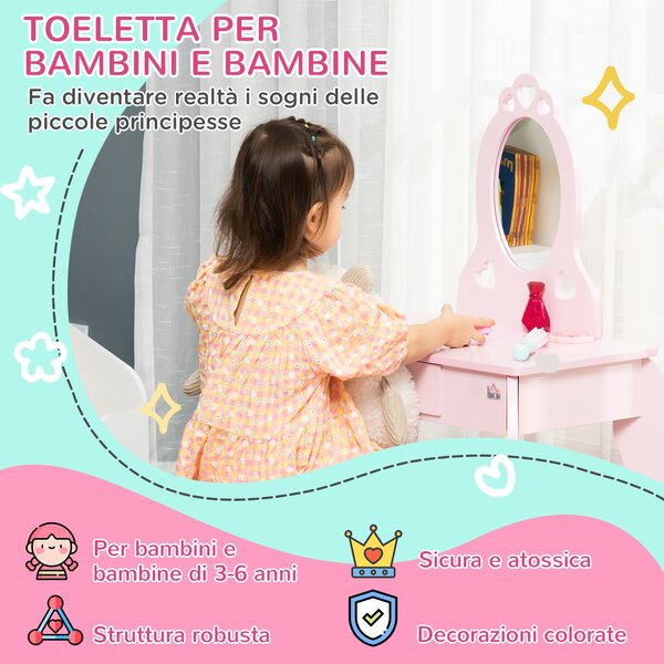 HOMCOM Tavolo da Trucco per Bambini in Legno con Sgabello e Specchio Elegante Cassetto Funzionale Design Rosa per Camera dei Bambini |Aosom
