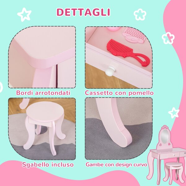 HOMCOM Tavolo da Trucco per Bambini in Legno con Sgabello e Specchio Elegante Cassetto Funzionale Design Rosa per Camera dei Bambini |Aosom