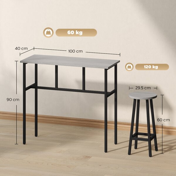 HOMCOM Set da Bar 6 Pezzi con 4 Sgabelli da Bar e 2 Tavoli Alti in Legno Truciolato e Acciaio per Cucina e Soggiorno, Grigio