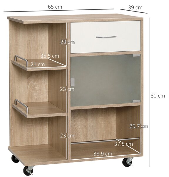 HOMCOM Carrello da Cucina Portavivande con Cassetto, Ripiani e Armadietto in Legno, Acciaio e Vetro, 65x39x80cm|Aosom
