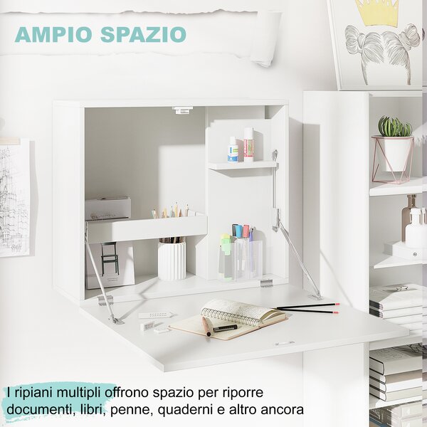 HOMCOM Scrivania a Muro Pieghevole e Salvaspazio con Ripiani, per Studio, Soggiorno e Ufficio, in Truciolato e MDF, 60x21.5x50 cm, Bianco|Aosom