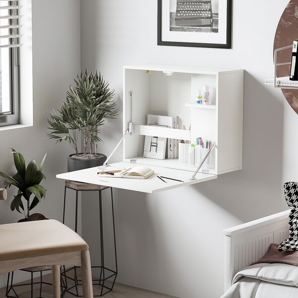 HOMCOM Scrivania a Muro Pieghevole e Salvaspazio con Ripiani, per Studio, Soggiorno e Ufficio, in Truciolato e MDF, 60x21.5x50 cm, Bianco|Aosom