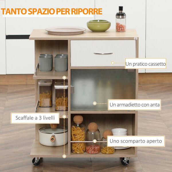 HOMCOM Carrello da Cucina Portavivande con Cassetto, Ripiani e Armadietto in Legno, Acciaio e Vetro, 65x39x80cm|Aosom
