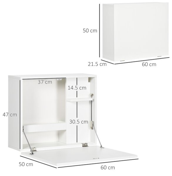 HOMCOM Scrivania a Muro Pieghevole e Salvaspazio con Ripiani, per Studio, Soggiorno e Ufficio, in Truciolato e MDF, 60x21.5x50 cm, Bianco|Aosom