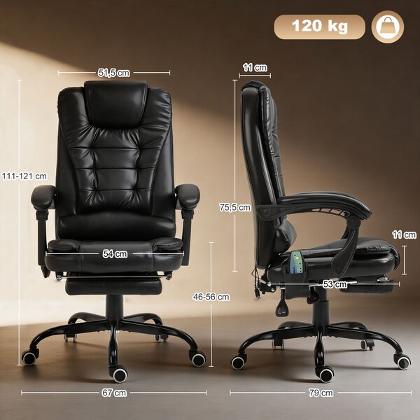 Vinsetto Poltrona da Ufficio con 7Punti Massaggianti e Poggiapiedi, ergonomica e regolabile, in PU e Acciaio, 67x67x111-121cm, Nero | Aosom Italy