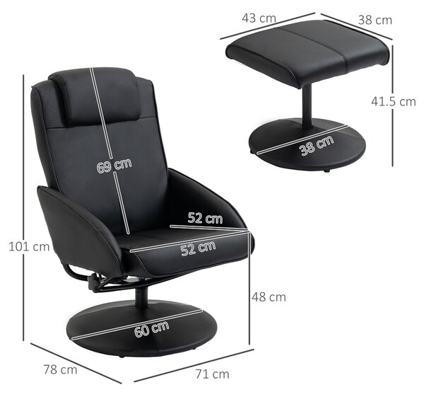 HOMCOM Poltrona Relax Reclinabile con Pouf Poggiapiedi Abbinato e Rivestimento in Similpelle, Nero|Aosom