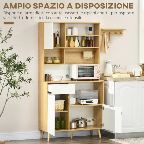 HOMCOM Dispensa da Cucina in Truciolato con Armadietti, Cassetti, Ripiani Regolabili e Appendino, 93x40x180 cm|Aosom