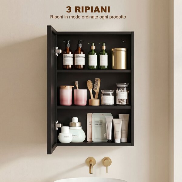 Kleankin Specchiera Bagno in Acciaio con Armadietto a 3 Ripiani e Chiusura Ammortizzata, 40x12x60cm, Nero|Aosom