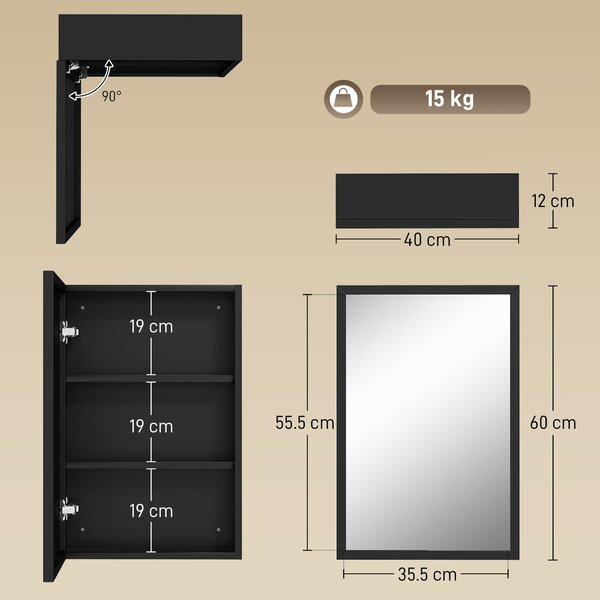 Kleankin Specchiera Bagno in Acciaio con Armadietto a 3 Ripiani e Chiusura Ammortizzata, 40x12x60cm, Nero|Aosom