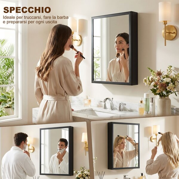 Kleankin Specchiera Bagno in Acciaio con Armadietto a 3 Ripiani e Chiusura Ammortizzata, 40x12x60cm, Nero|Aosom