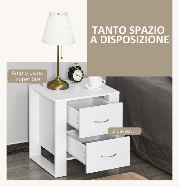 HOMCOM Comodino Moderno in Legno con 2 Cassetti per Camera da Letto, 48x39x54cm, Bianco|Aosom