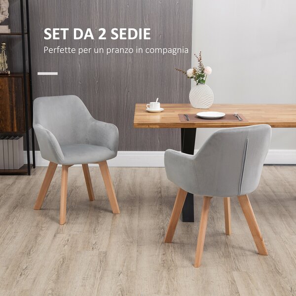 HOMCOM Set 2 Sedie per Soggiorno Imbottite in Velluto con Braccioli e Gambe in Legno, Sedie Sala da Pranzo, 54x57x80cm, Grigio | Aosom Italy