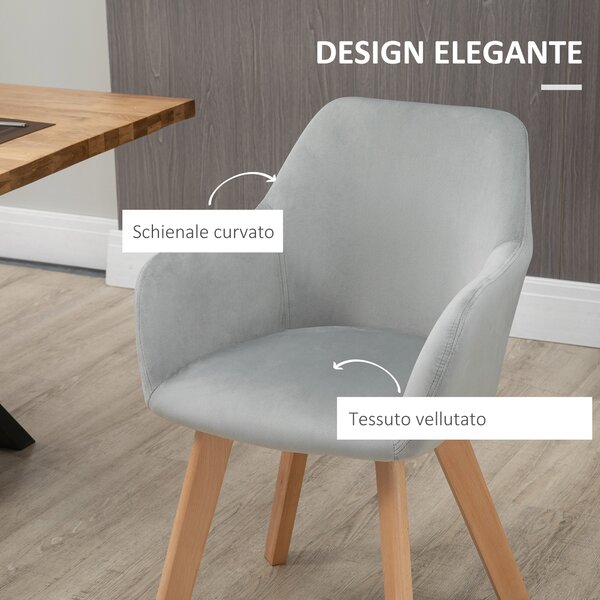 HOMCOM Set 2 Sedie per Soggiorno Imbottite in Velluto con Braccioli e Gambe in Legno, Sedie Sala da Pranzo, 54x57x80cm, Grigio | Aosom Italy