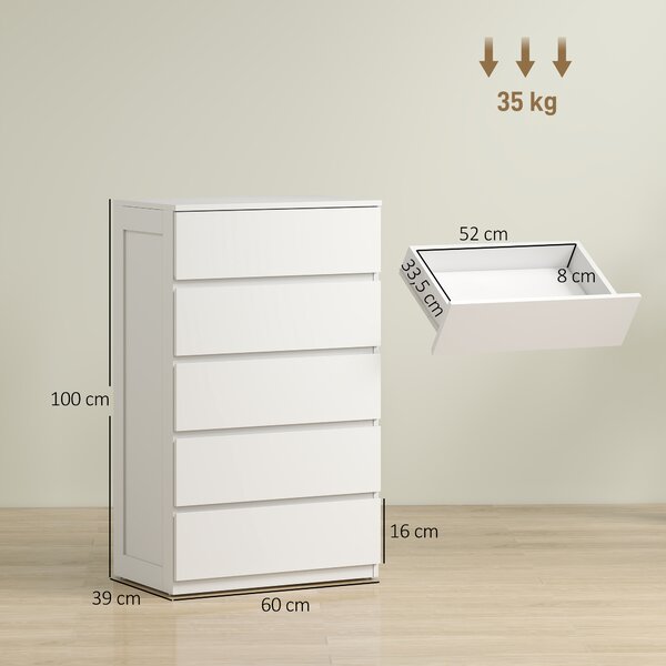 HOMCOM Cassettiera 5 Cassetti in Legno con Maniglie Scanalate, 60x38x100cm, Bianco