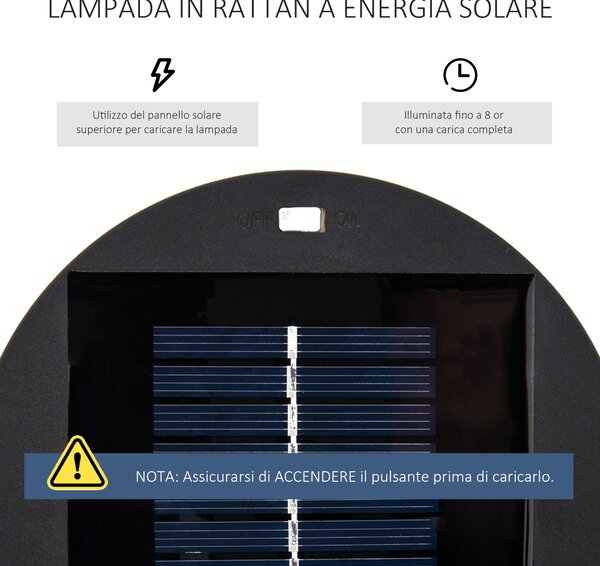 Outsunny Lanterna Solare da Giardino LED con Pannello di Ricarica in Rattan e Metallo , Ø21.5x61cm, Nero|Aosom