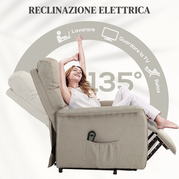 HOMCOM Poltrona Alzapersona Elettrica Reclinabile con Poggiapiedi e Tasca, Sedia Alzapersona Reclinabile con Telecomando, Beige | Aosom Italy