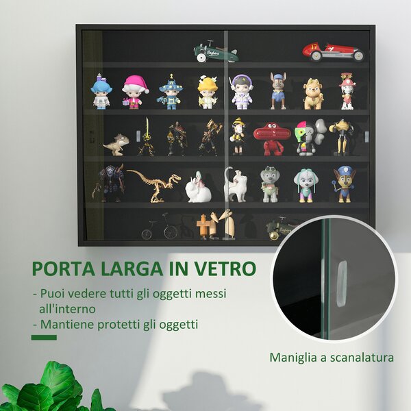 HOMCOM Vetrina a 5 Livelli a Muro con Ripiani Regolabili, in Vetro e Truciolato, 80x9.5x60 cm, Nero | Aosom Italy