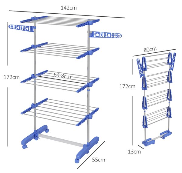 HOMCOM Stendino Verticale con 4 Ripiani Regolabili, in Acciaio e Plastica, 142x55x172 cm, Blu e Argento|Aosom