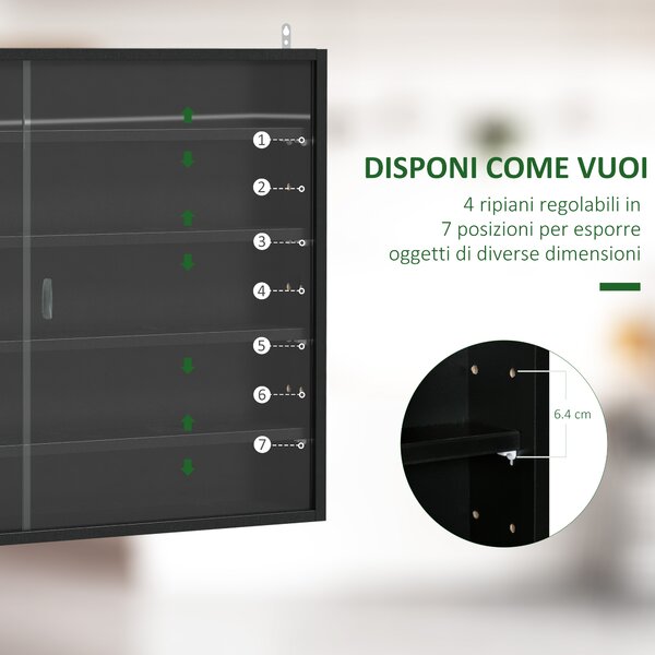 HOMCOM Vetrina a 5 Livelli a Muro con Ripiani Regolabili, in Vetro e Truciolato, 80x9.5x60 cm, Nero | Aosom Italy