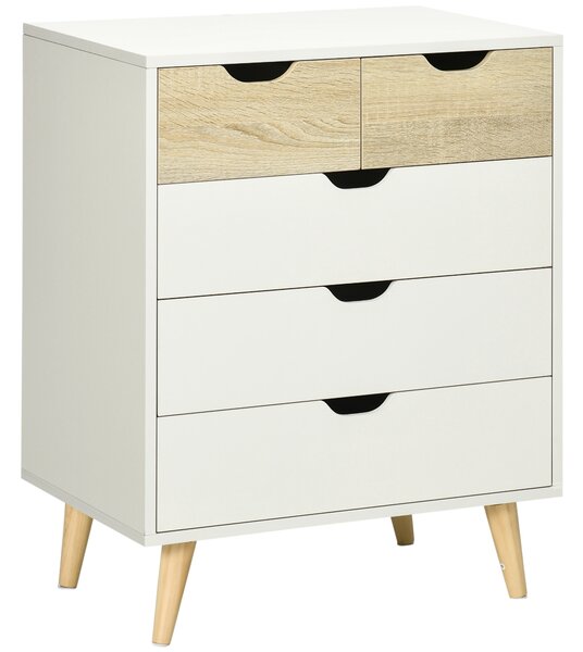 HOMCOM Cassettiera Bianca 5 Cassetti con Maniglie Intagliate in Legno, Cassettiera per Camera da Letto, 60x40x77.5cm, Bianco e Legno | Aosom Italy