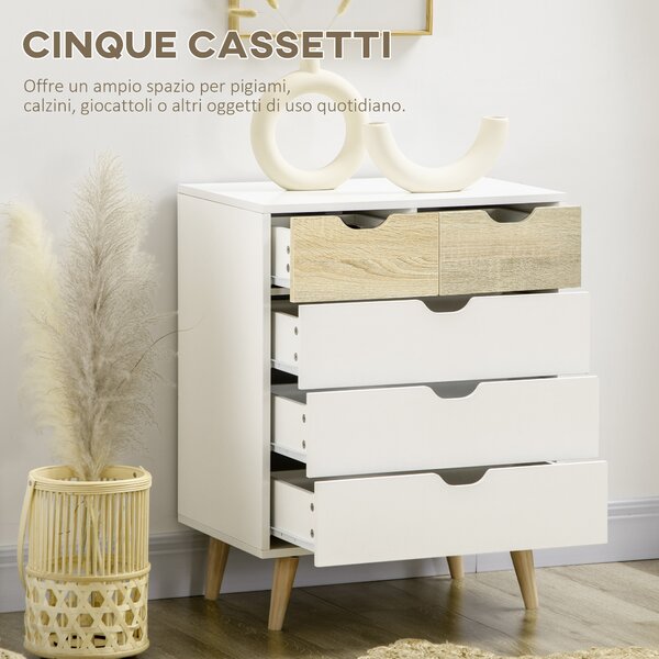 HOMCOM Cassettiera Bianca 5 Cassetti con Maniglie Intagliate in Legno, Cassettiera per Camera da Letto, 60x40x77.5cm, Bianco e Legno | Aosom Italy