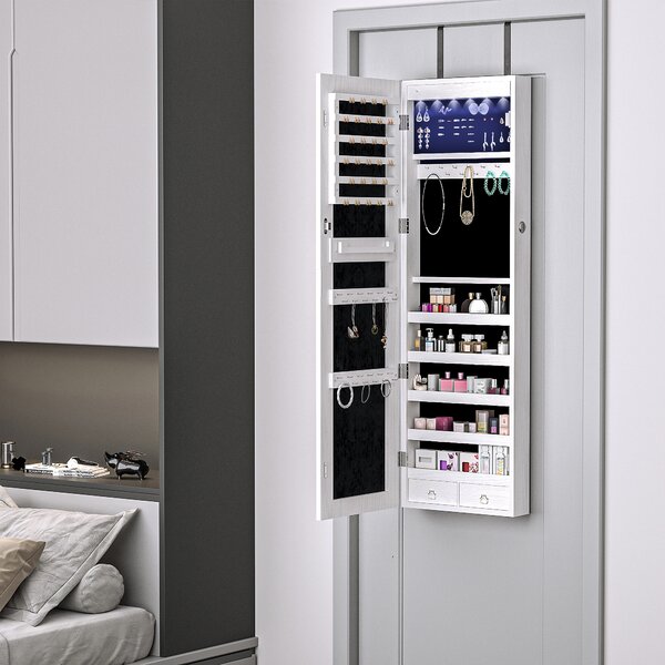 HOMCOM Specchiera Portagioielli con 6 Luci LED e Spazi Portaoggetti in Legno e Vetro, 37x120x10 cm, color Legno Bianco