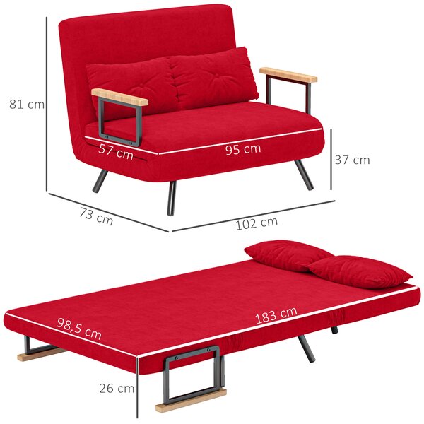 HOMCOM Divano Letto 4 in 1 in Tessuto Effetto Velluto con Schienale Regolabile e 2 Cuscini, 102x73x81 cm, Rosso