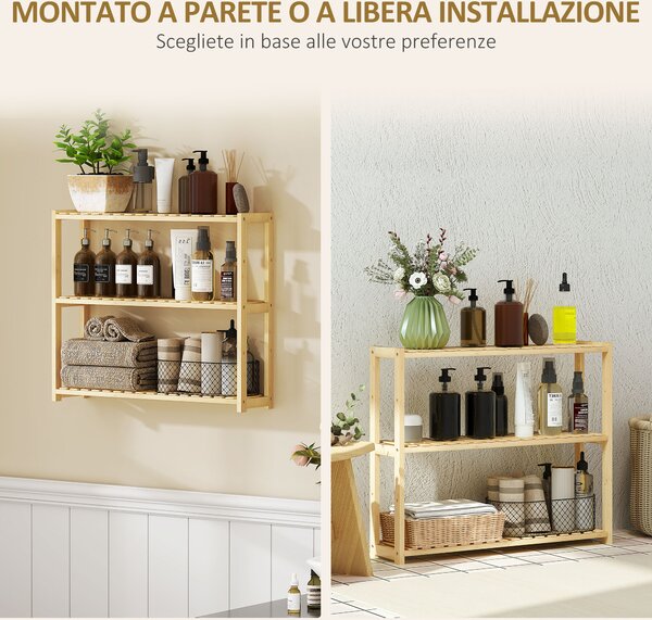 HOMCOM Scaffale per il Bagno a 3 Ripiani Regolabili in 5 Posizioni, in Bambù, 60x15x50 cm, color Legno