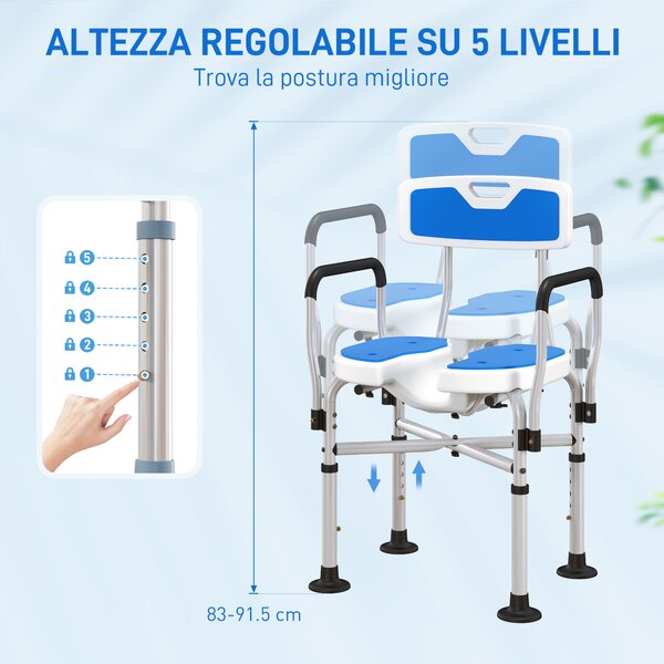 HOMCOM Sedia da Doccia con Seduta Scanalata, Altezza Regolabile e Piedini Antiscivolo, Blu