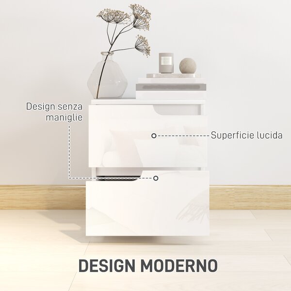 HOMCOM Cassettiera Moderno con 2 Cassetti senza maniglie in Legno e Design Lucido, guide in acciaio, 40x40x48 cm, Bianco|Aosom Italy