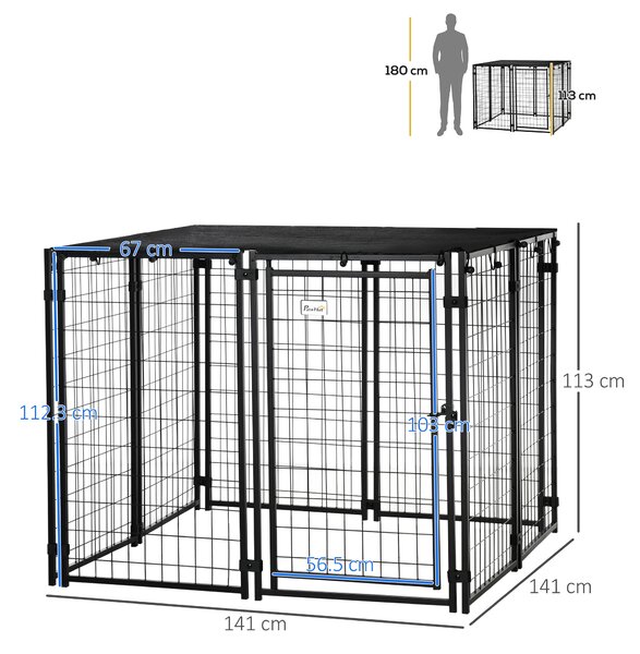 PawHut Recinto per Cani in Acciaio Pieghevole con Copertura, Box per Animali a 8 Pannelli con Porta Bloccabile, 141x141x113cm, Nero|Aosom