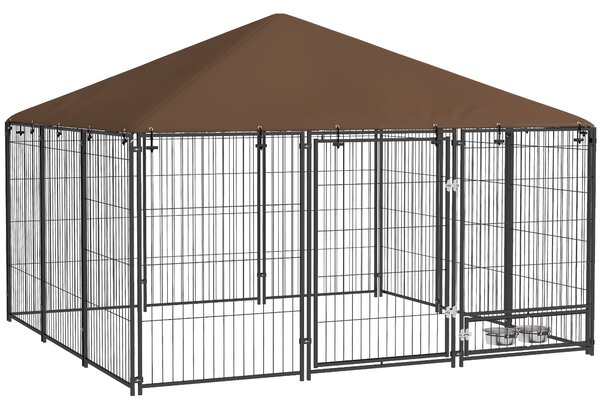 PawHut Recinto per Cani in Metallo e Tessuto Oxford con Porticina per Ciotole, 211x211x151 cm, Nero e Marrone|Aosom
