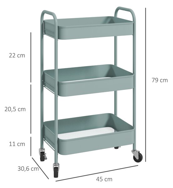 HOMCOM Carrello da Cucina a 3 Livelli con Maniglie e 4 Rotelle, in Acciaio, 45x30.6x79 cm, Azzurro
