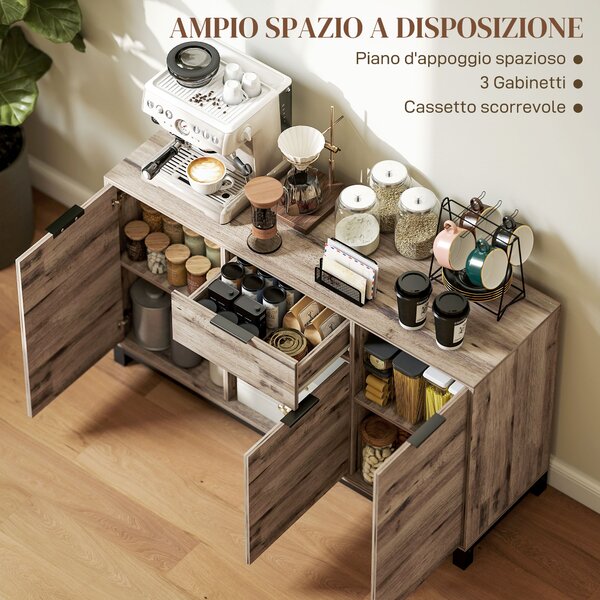 HOMCOM Credenza Buffet in stile Industriale con Cassetto e 3 Armadietti, in Legno Marrone, 120x36.5x70 cm