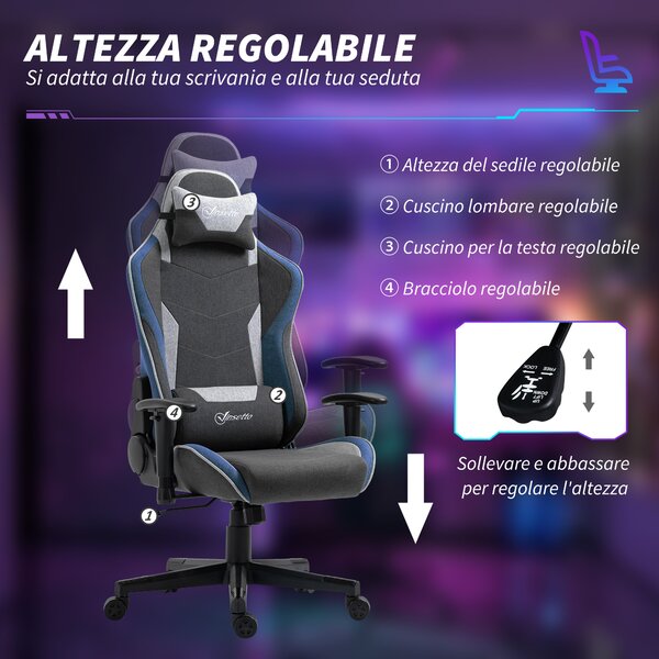 Vinsetto Sedia da Gaming Ergonomica con Funzione Dondolo Reclinabile a 150°, in Tessuto Effetto Lino, 66x53x128-138 cm, Grigio|Aosom Italy