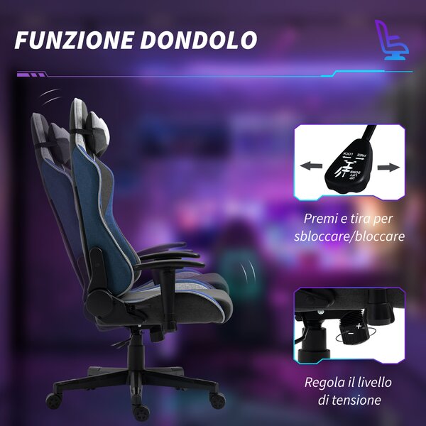 Vinsetto Sedia da Gaming Ergonomica con Funzione Dondolo Reclinabile a 150°, in Tessuto Effetto Lino, 66x53x128-138 cm, Grigio|Aosom Italy