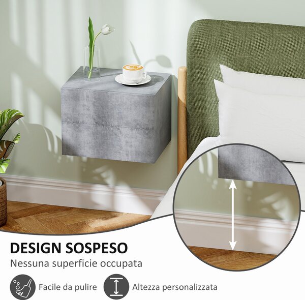 HOMCOM Set di 2 Comodini Sospesi con 2 Cassetti Moderni e Salvaspazio, 40x29x30 cm, Grigio Cemento