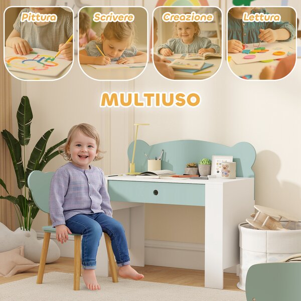 AIYAPLAY Set Scrivania per Bambini con Cassetto e Sedia con Schienale a Orsetto, Età 3-8 Anni, Verde | Aosom Italy