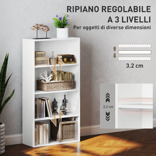 HOMCOM Mobile Libreria a 4 Ripiani con 2 Scaffali Flessibili, in Legno, 60x24x115.5 cm, Bianco