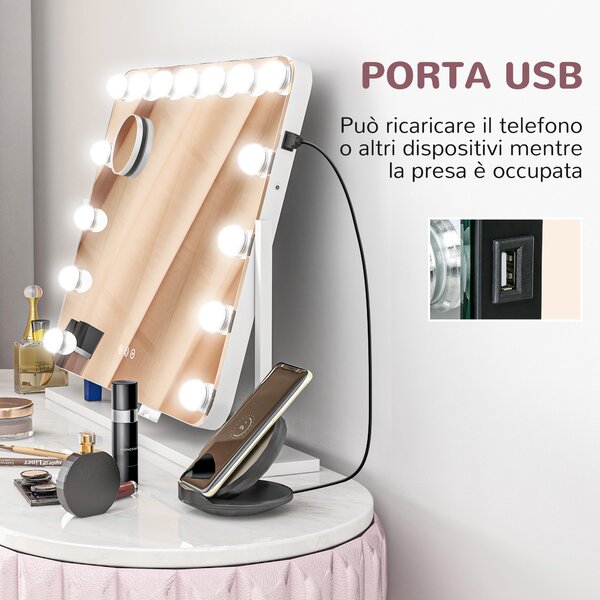 HOMCOM Specchio da Trucco con 14 Luci LED Regolabili e Ricarica USB, in Vetro e Metallo, 62.5x14x49.5 cm, Bianco | Aosom Italy