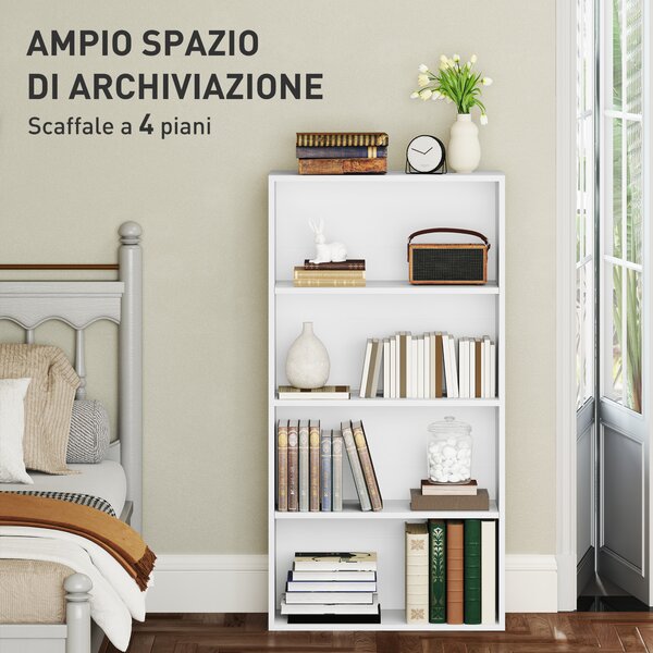 HOMCOM Mobile Libreria a 4 Ripiani con 2 Scaffali Flessibili, in Legno, 60x24x115.5 cm, Bianco