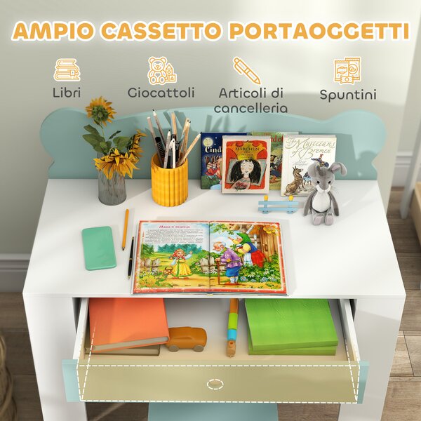 AIYAPLAY Set Scrivania per Bambini con Cassetto e Sedia con Schienale a Orsetto, Età 3-8 Anni, Verde | Aosom Italy